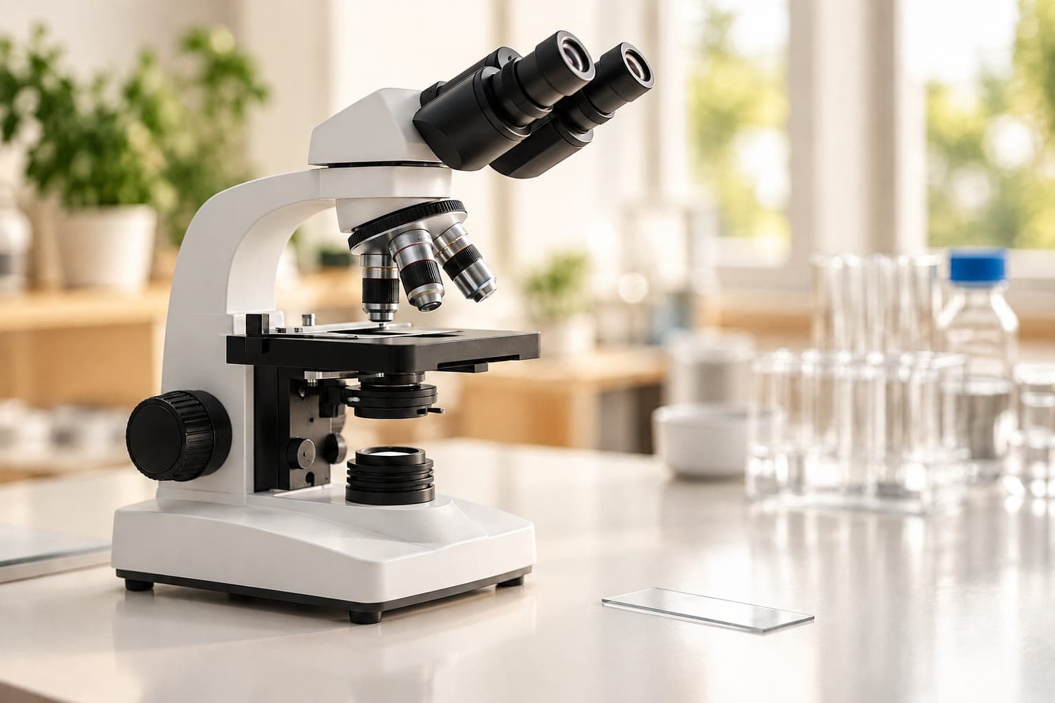 Laboratorní mikroskop na pracovním stole v laboratoři