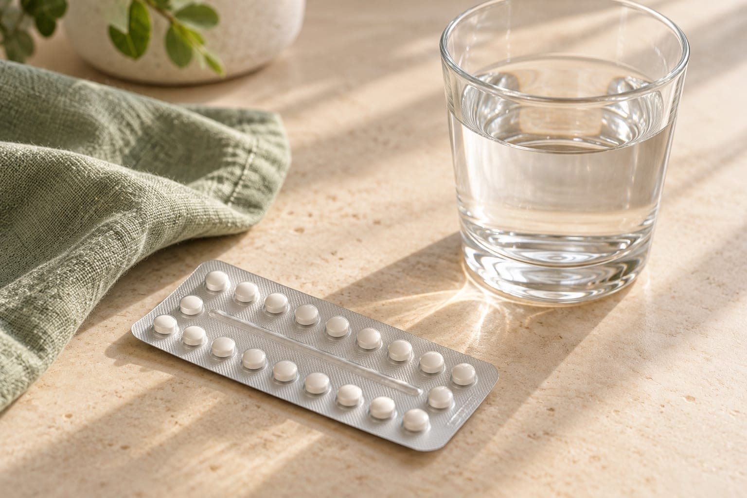 A blister pack of contraceptive pills and a glass of water on a table
