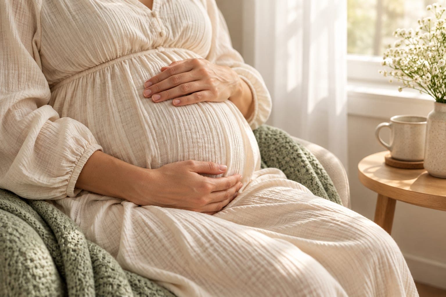 A pregnant woman sitting in an armchair with her hands on her belly