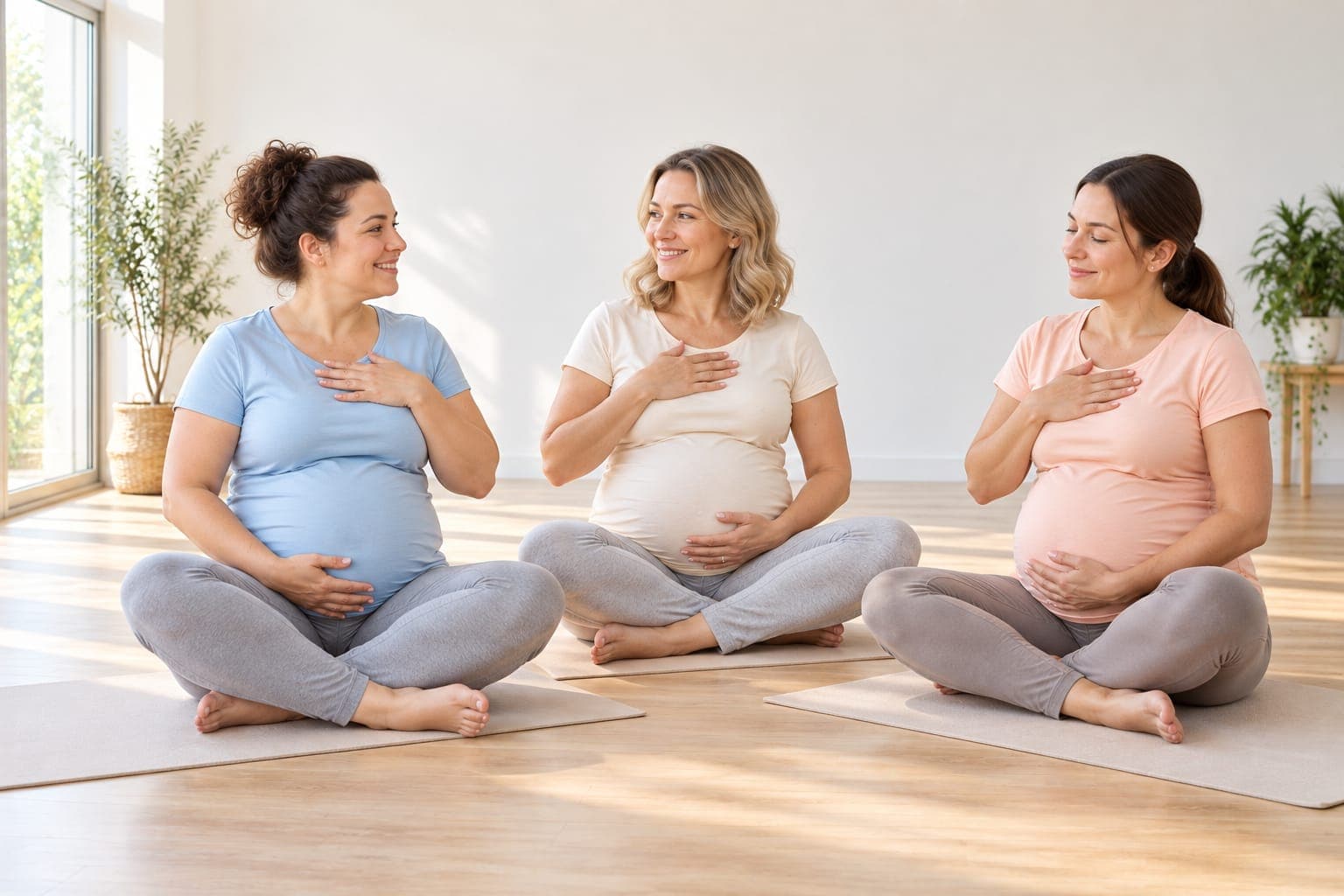 Three pregnant women sitting on mats doing a breathing exercise with their hands on their chest and belly