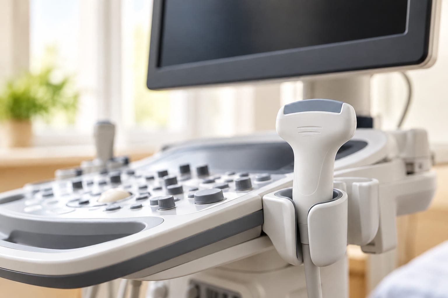 An ultrasound machine with a probe in its holder